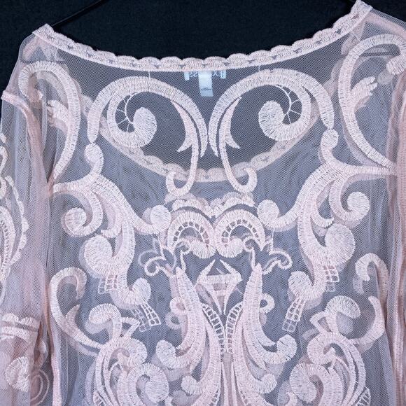 Express Womens Blouse Pink Lace Floral Mesh Sheer Long Sleeve Boat Neck Large - Picture 12 of 14
